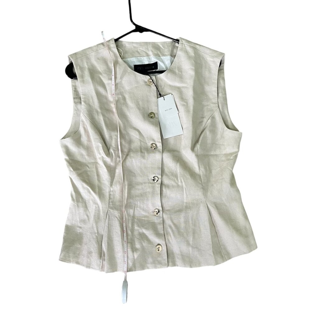 Zara Linen Dart Vest Sand Beige Size Large NWT Sleeveless Button Front Tailored - Picture 5 of 9